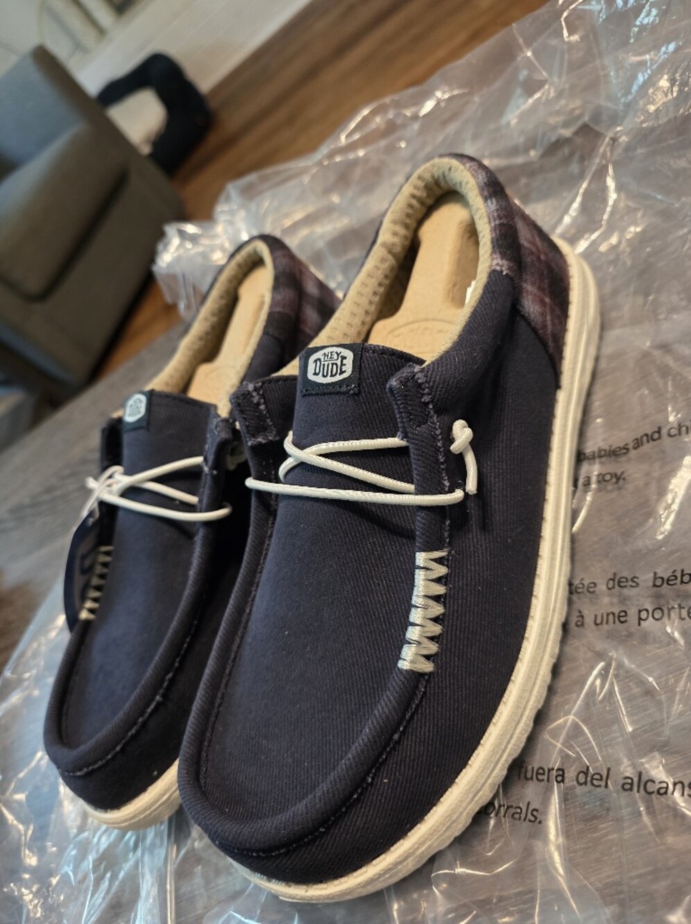 Hey Dude Wally Funk Waffle Navy With Plaid Back Casual Slip-On Loafers